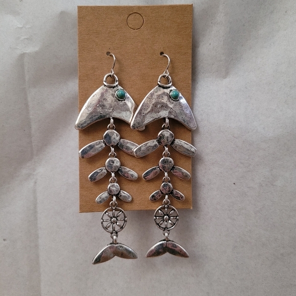Vintage Inspired Boho Fish Bone Dangle Earrings With Turquoise Accents - Picture 14 of 14
